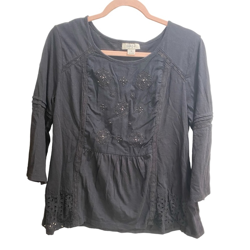 Style & Co Women's 3/4 Bell Sleeve Round Neck Top‎ Black Size Medium